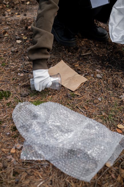 A person, wearing a brown jacket and dark shoes, is crouched on the ground outdoors, collecting litter. They are holding a clear plastic bottle with one gloved hand, about to place it into a brown pap
